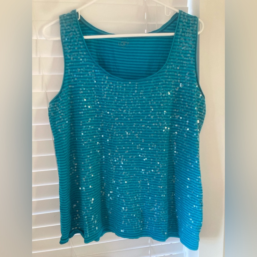 Ann Taylor LOFT Tank Top Women Size large Striped with Front Sequins turquoise